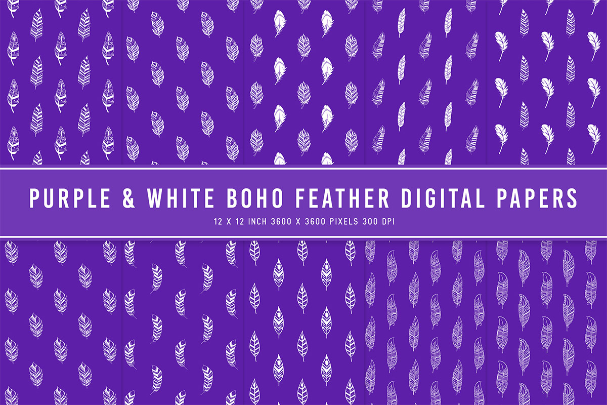 Purple & White Boho Feather Digital Papers