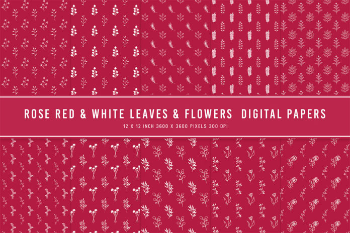 Rose Red & White Leaves & Flowers Digital Papers