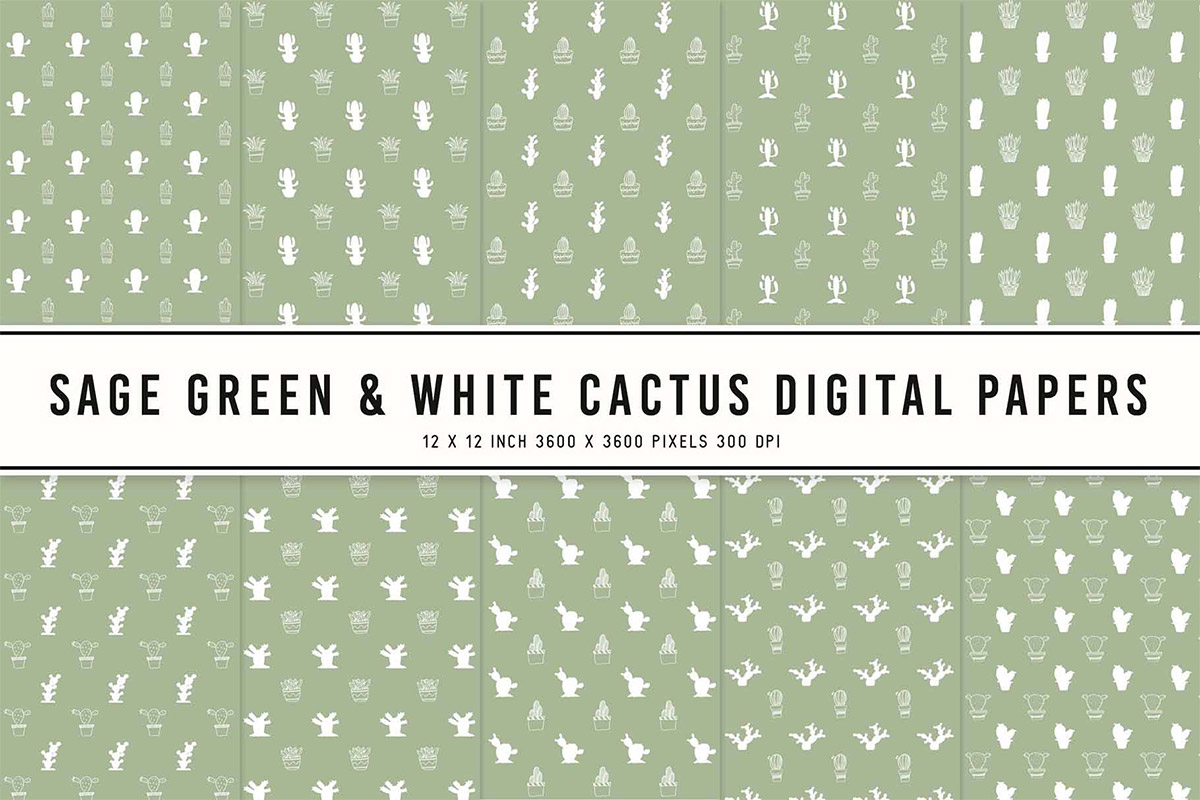 Sage Green and White Cactus Digital Papers