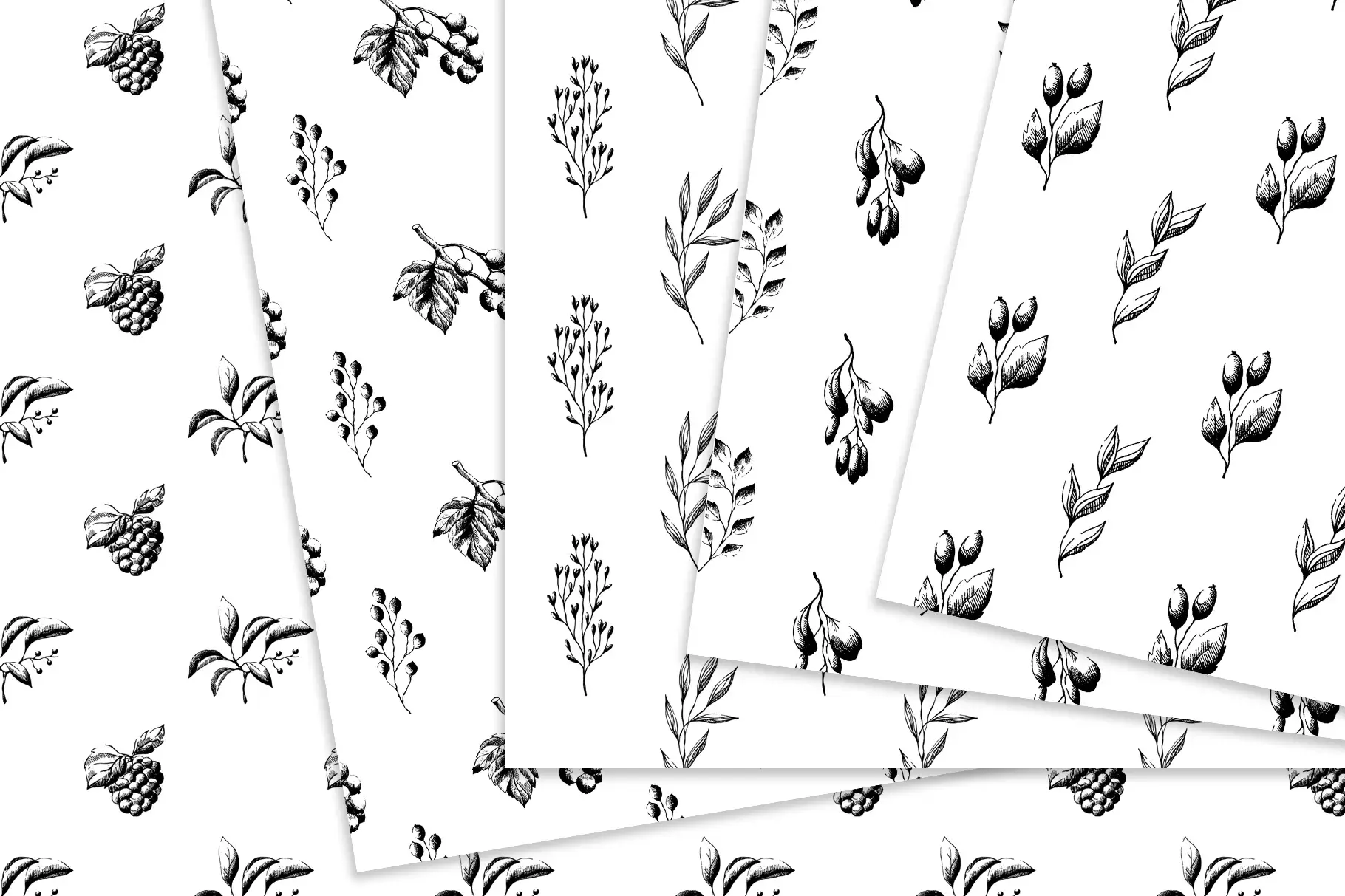 Black and White Berry Flowers Digital Papers