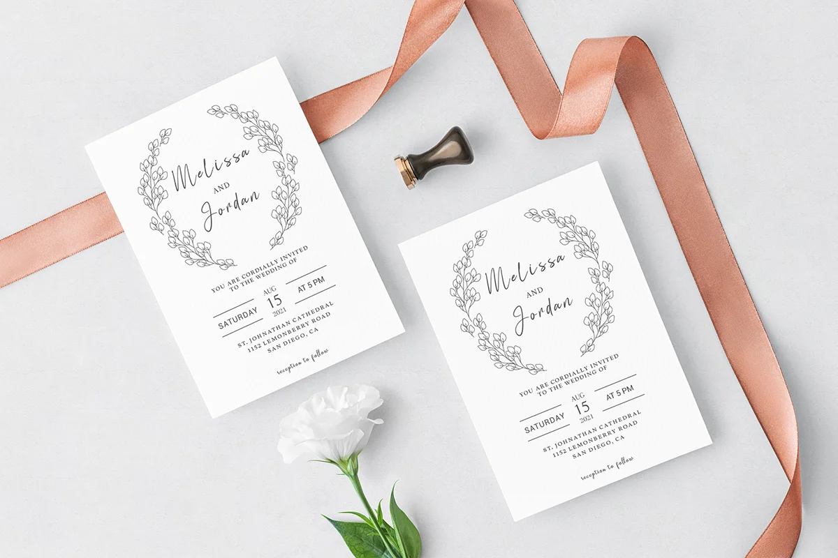 BW Laurel Wedding Invitation Template Preview 2