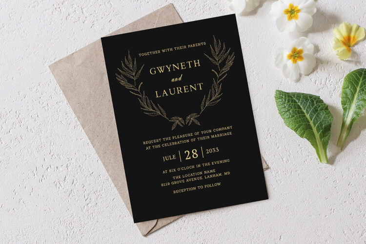 Black Gold Foliage Wreath Wedding Invitation Feature Image