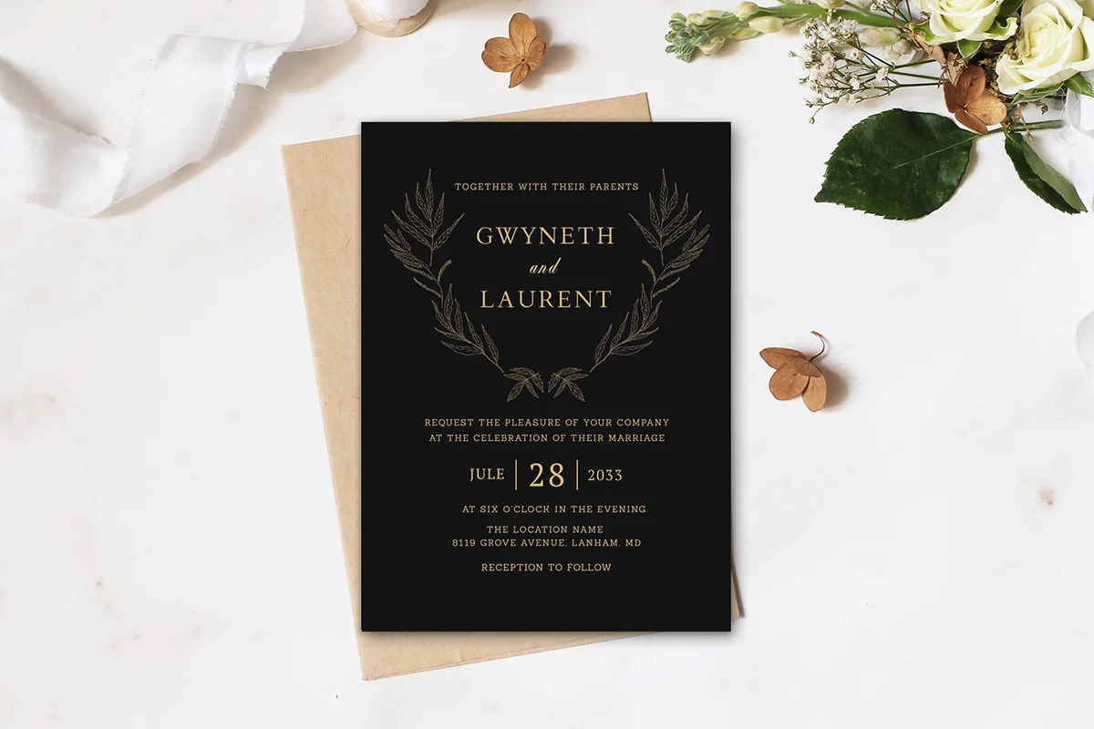 Black Gold Foliage Wreath Wedding Invitation Preview 1
