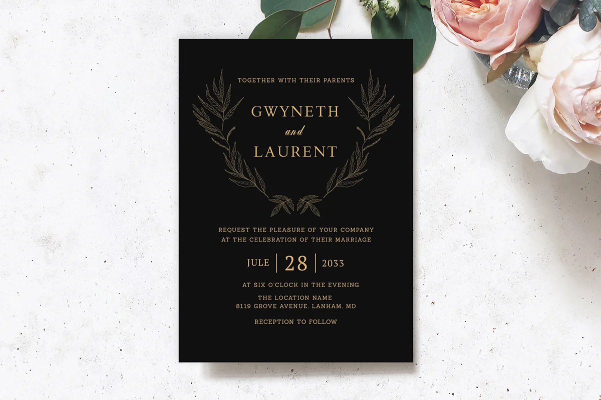 Black Gold Foliage Wreath Wedding Invitation Preview 2