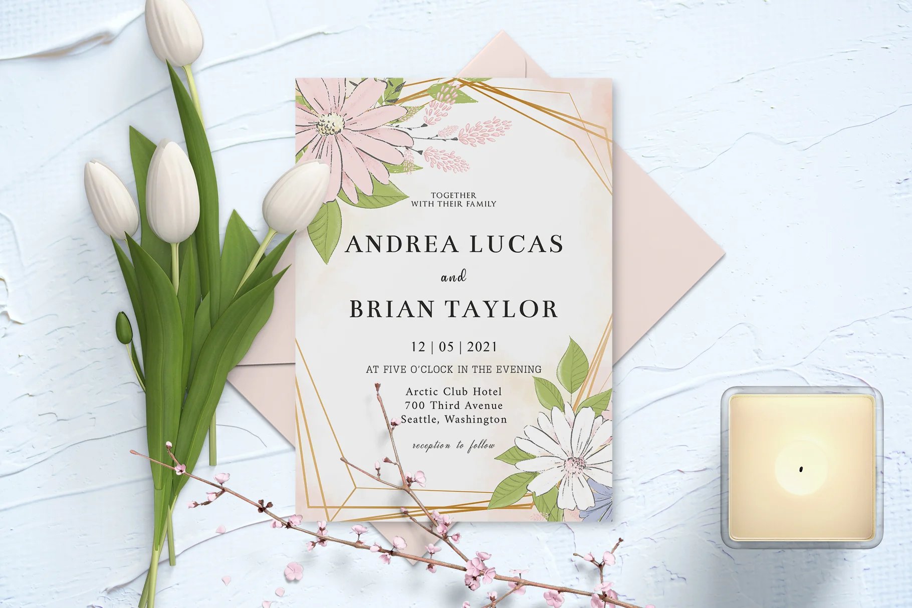 Blush Gold Floral Wedding Invitation Template Preview 1