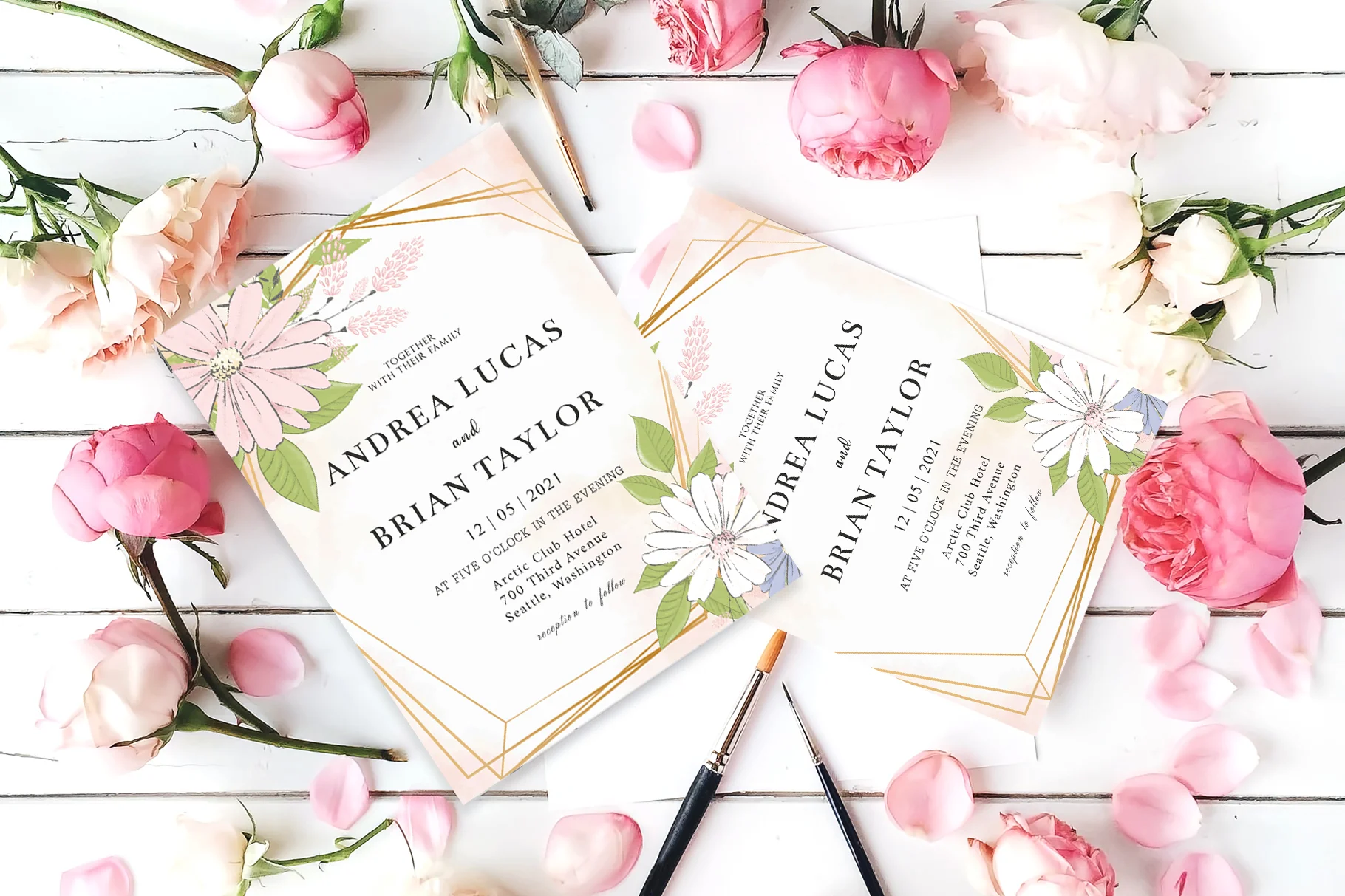 Blush Gold Floral Wedding Invitation Template Preview 2