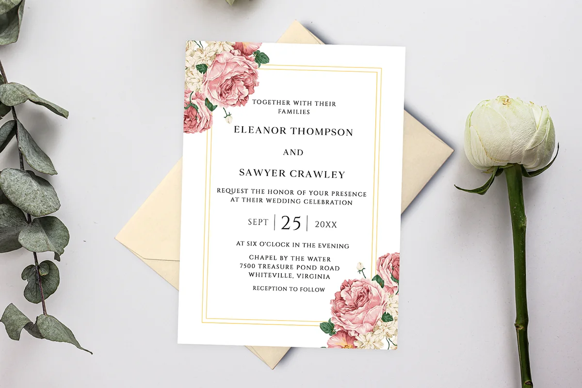Elegant Pink Rose Floral Wedding Invitation Preview 1