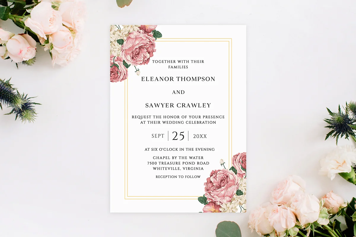 Elegant Pink Rose Floral Wedding Invitation Preview 2