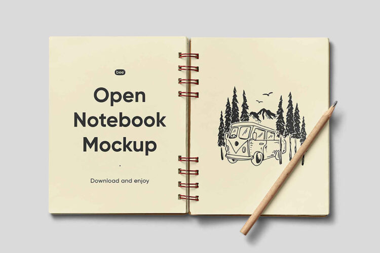 Open Notebook with Pencil Mockup