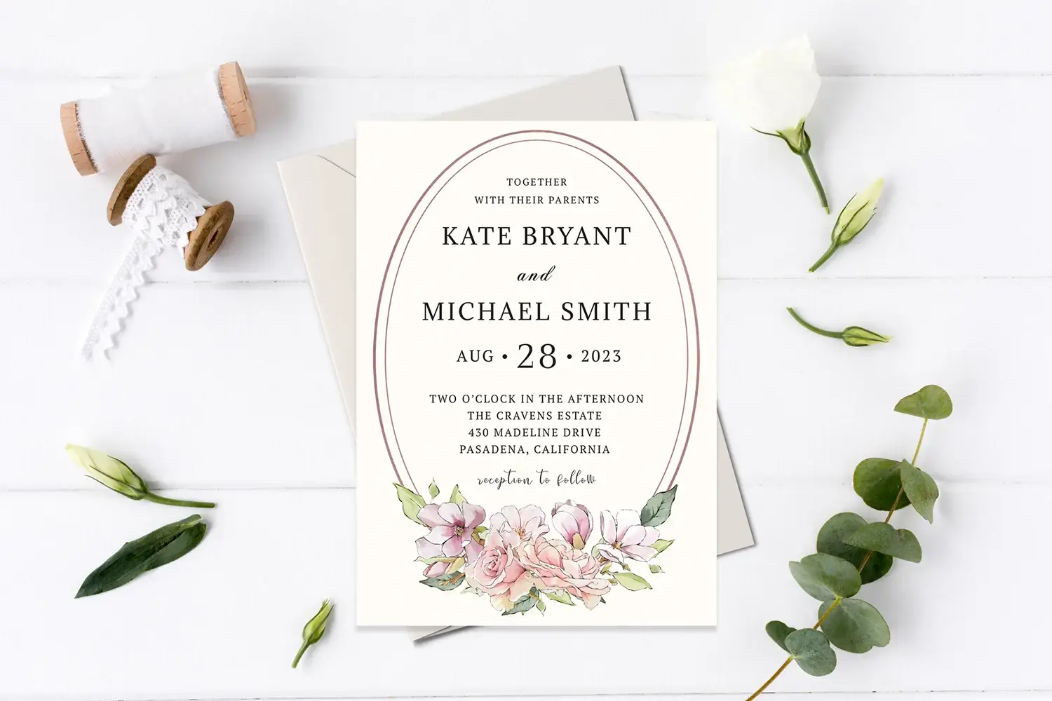 Dusty Rose Pink Floral Greenery Wedding Invitation Preview 1