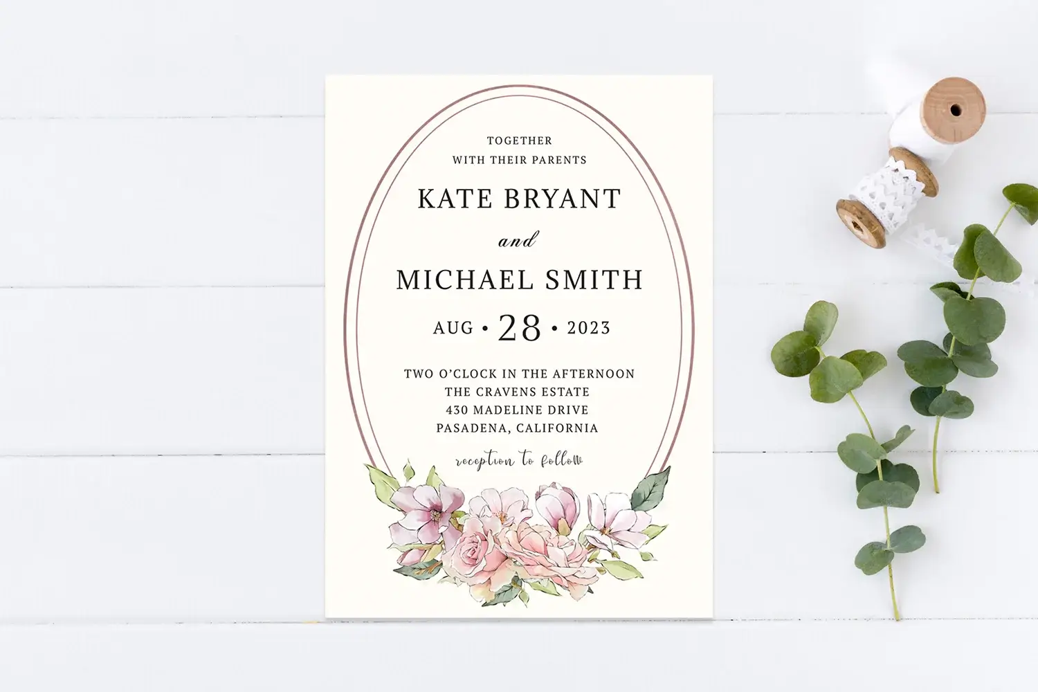 Dusty Rose Pink Floral Greenery Wedding Invitation Preview 2