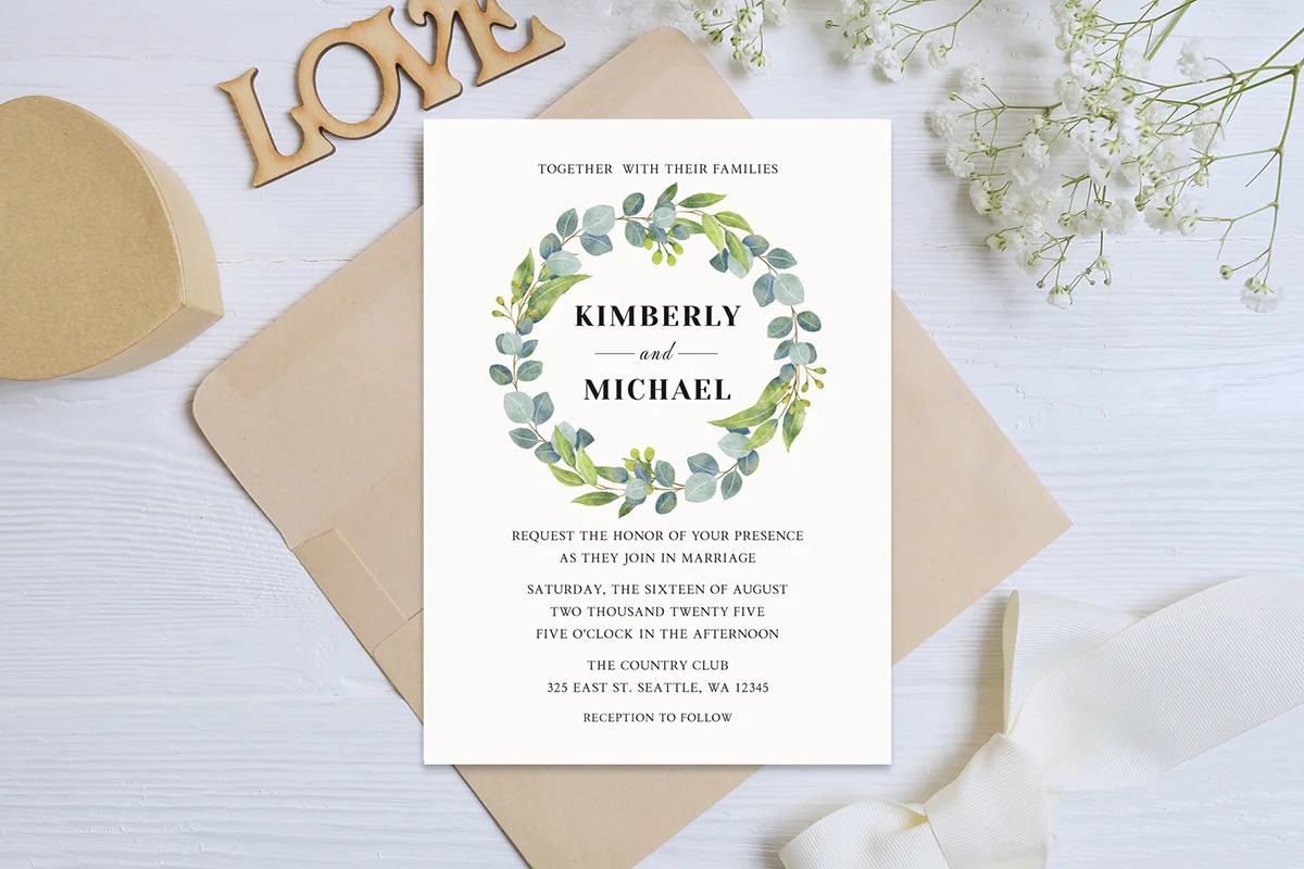 Eucalyptus Green Wreath Wedding Invitation Preview 1