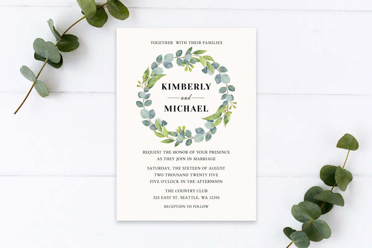 Eucalyptus Green Wreath Wedding Invitation Preview 2