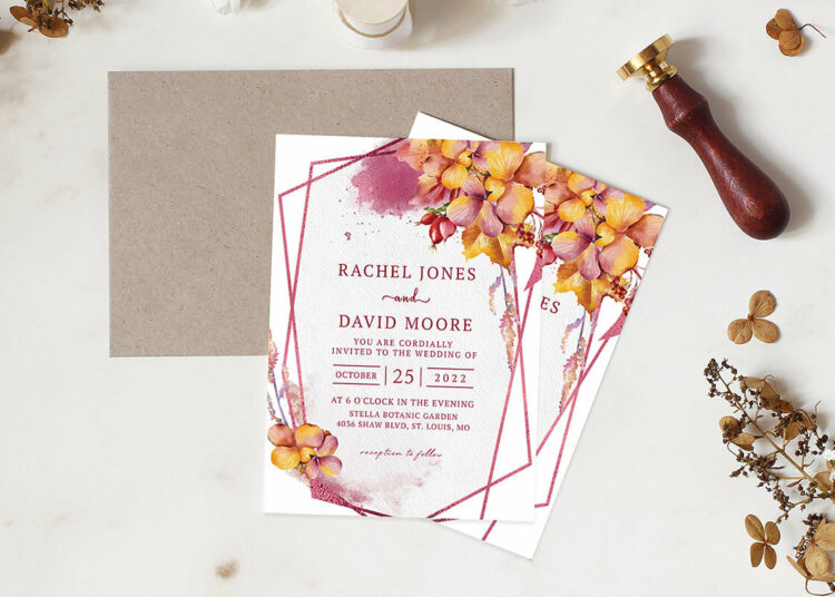 Floral Burgundy Geometric Wedding Invitation Cover