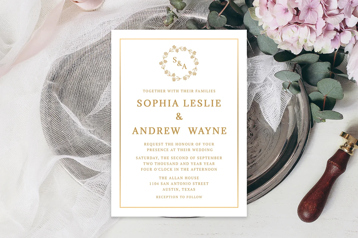Gold Leafy Crest Monogram Wedding Invitation Preview 2