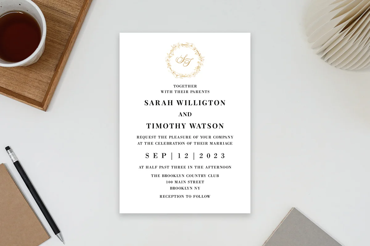 Gold Wreath Floral Wedding Invitation Preview 2