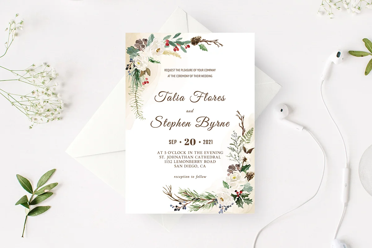 Green Botanical Wreath Wedding Invitation Template Preview 1