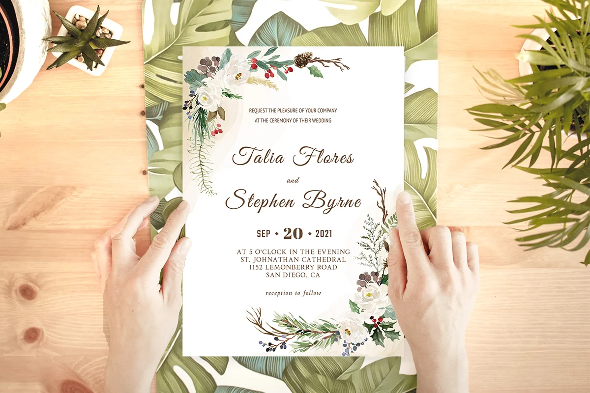 Green Botanical Wreath Wedding Invitation Template Preview 2