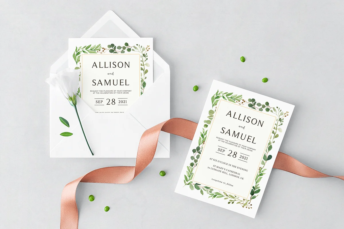 Green Leaves Wedding Invitation Template V2 Preview 1