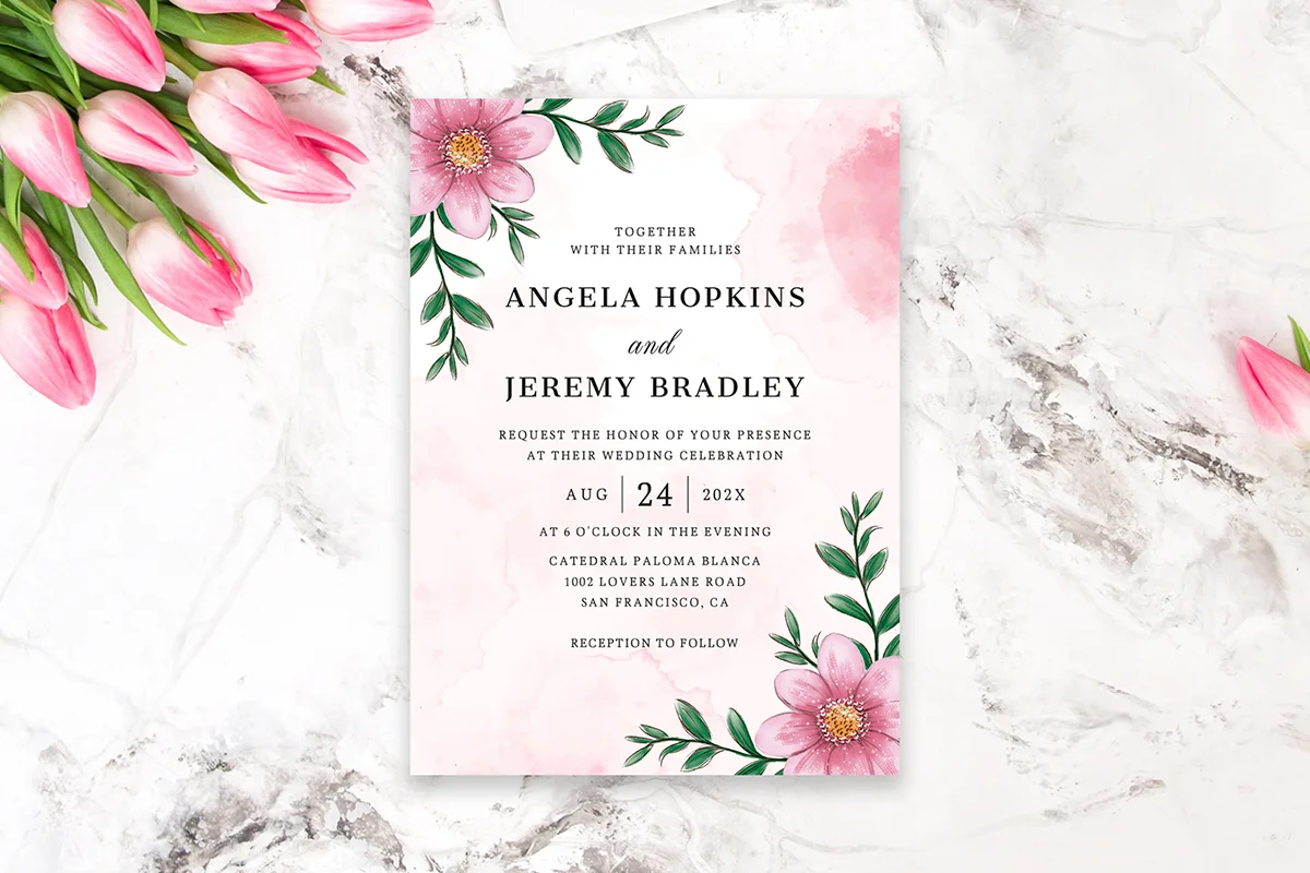 Modern Pink Floral Wedding Invitation Preview 2