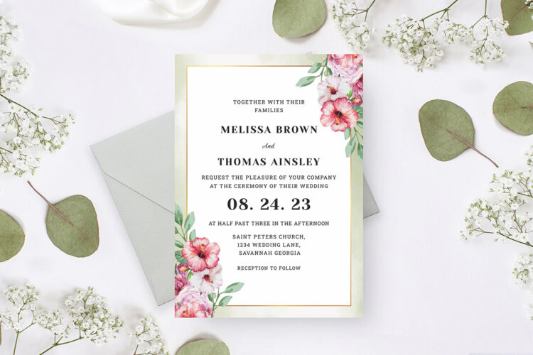 Watercolor Pink Green Wedding Invitation Cover