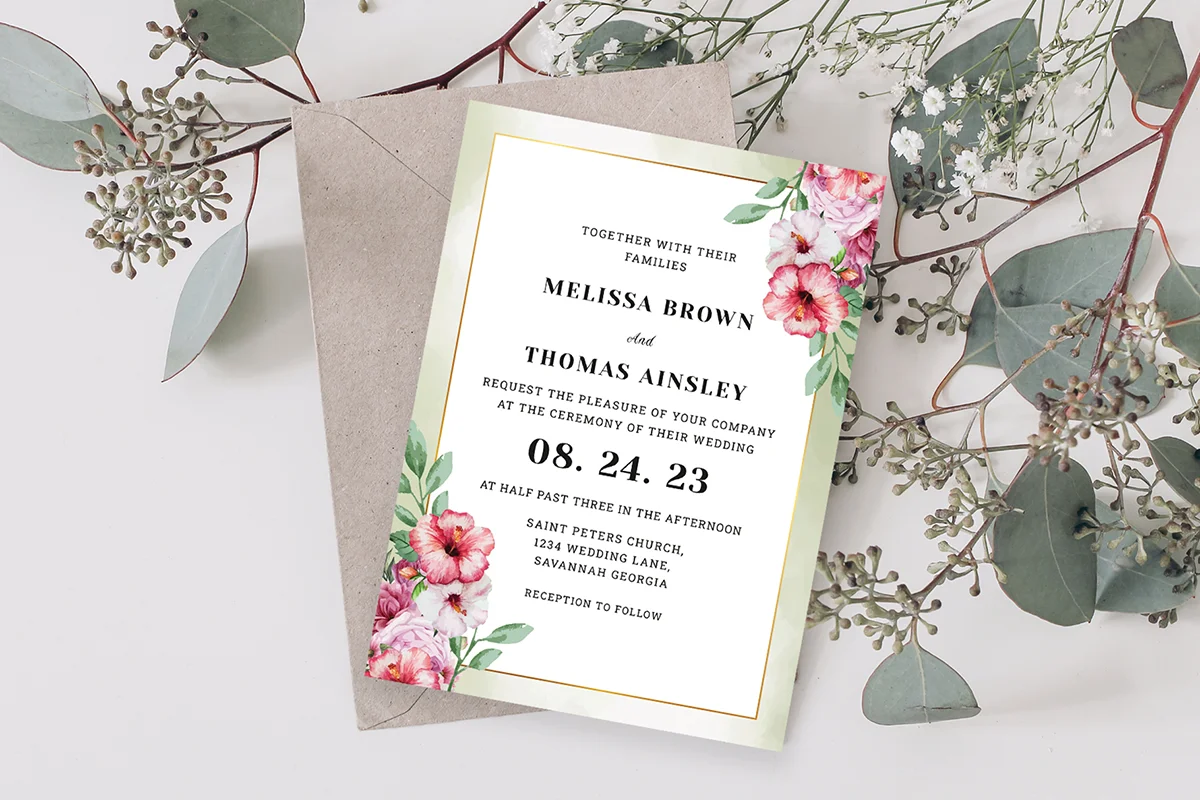 Watercolor Pink Green Wedding Invitation Preview-1