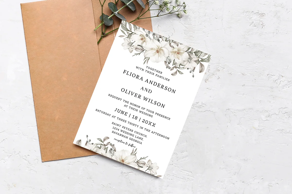 White Floral Botanical Wedding Invitation Preview 1