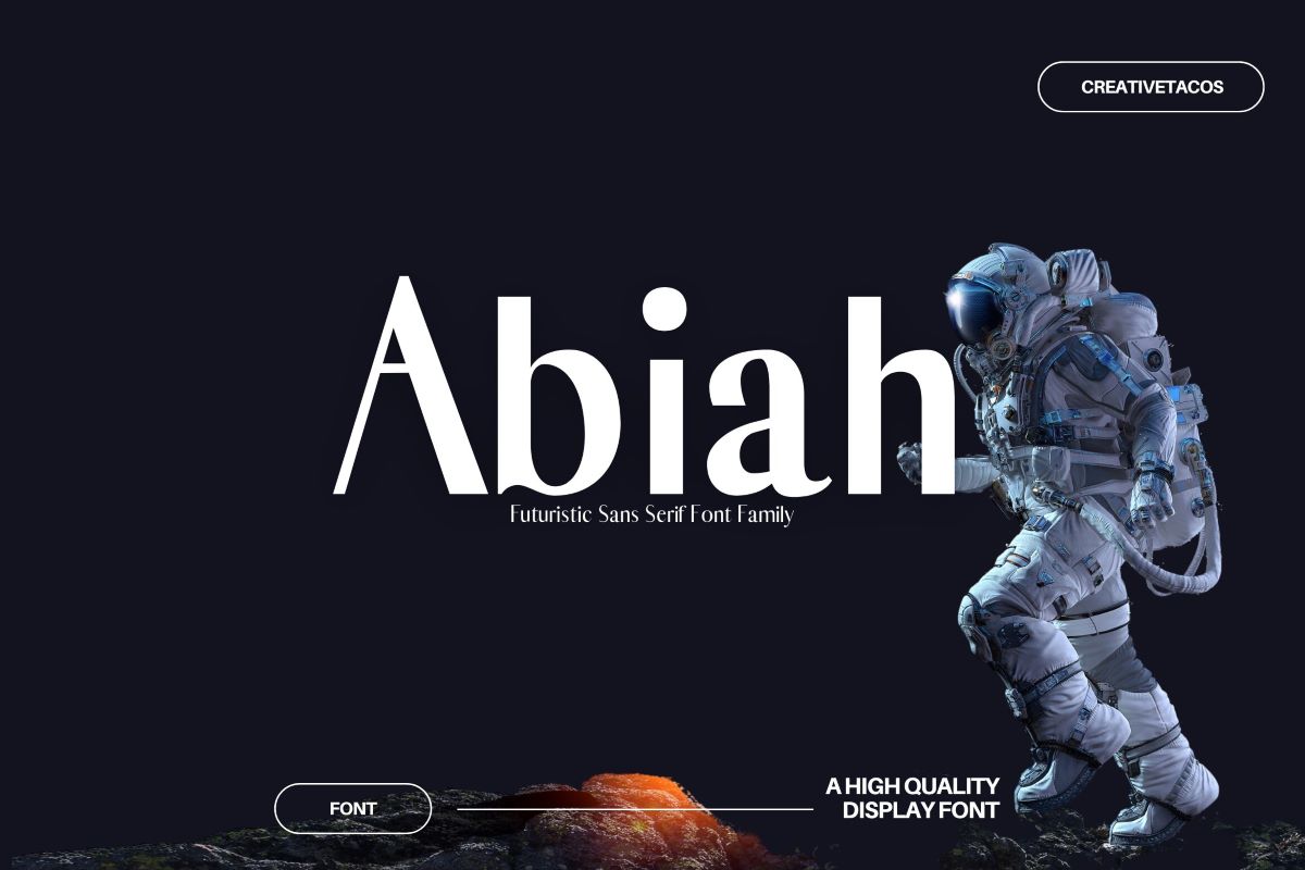 Best fonts for your label and packaging - "Abiah" Futuristic Sans Serif Font Family, showcased by CreativeTacos, features a high-quality display font alongside an image of an astronaut on a rocky terrain under a dark sky, highlighting the font's futuristic appeal.