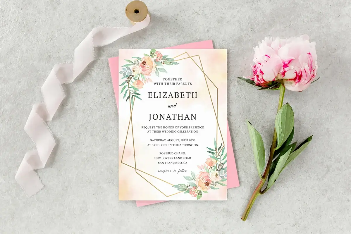 Pink and Greenery Floral Wedding Invitation Template Preview 1