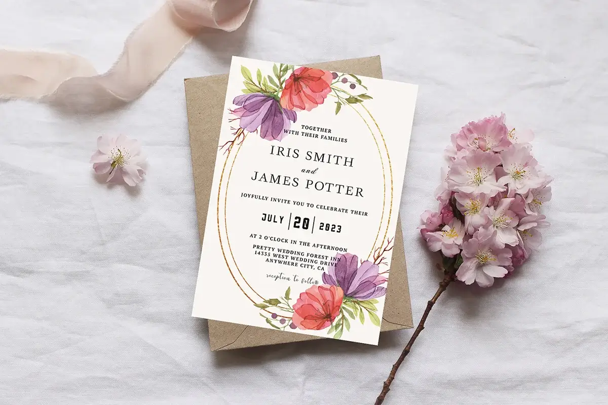 Purple and Red Rose Floral Wedding Invitation Preview 1