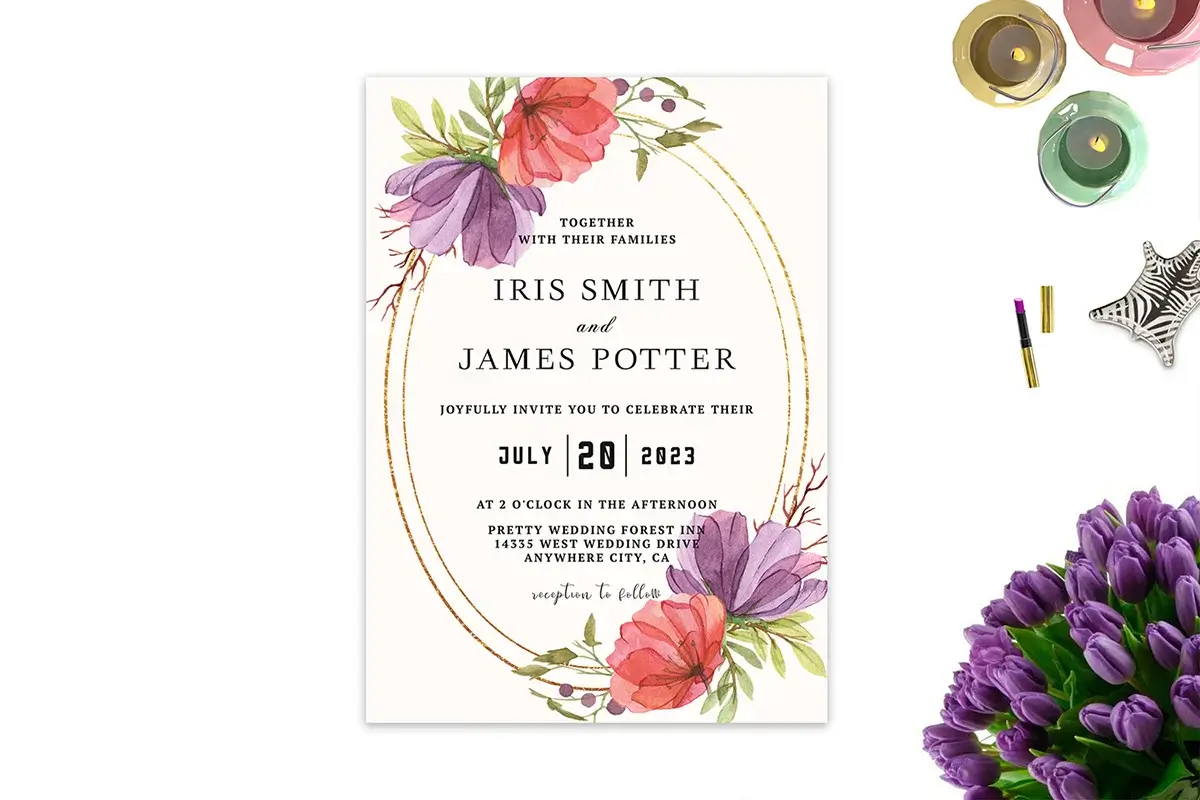 Purple and Red Rose Floral Wedding Invitation Preview 2