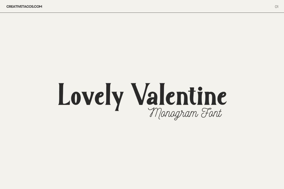 The image displays a sample of a monogram font named "Lovely Valentine." It showcases the font style with the words "Lovely Valentine" where "Lovely" is in a larger, bold serif font, and "Valentine Monogram Font" is in a smaller, italicized serif font, indicating the type of font being presented. 