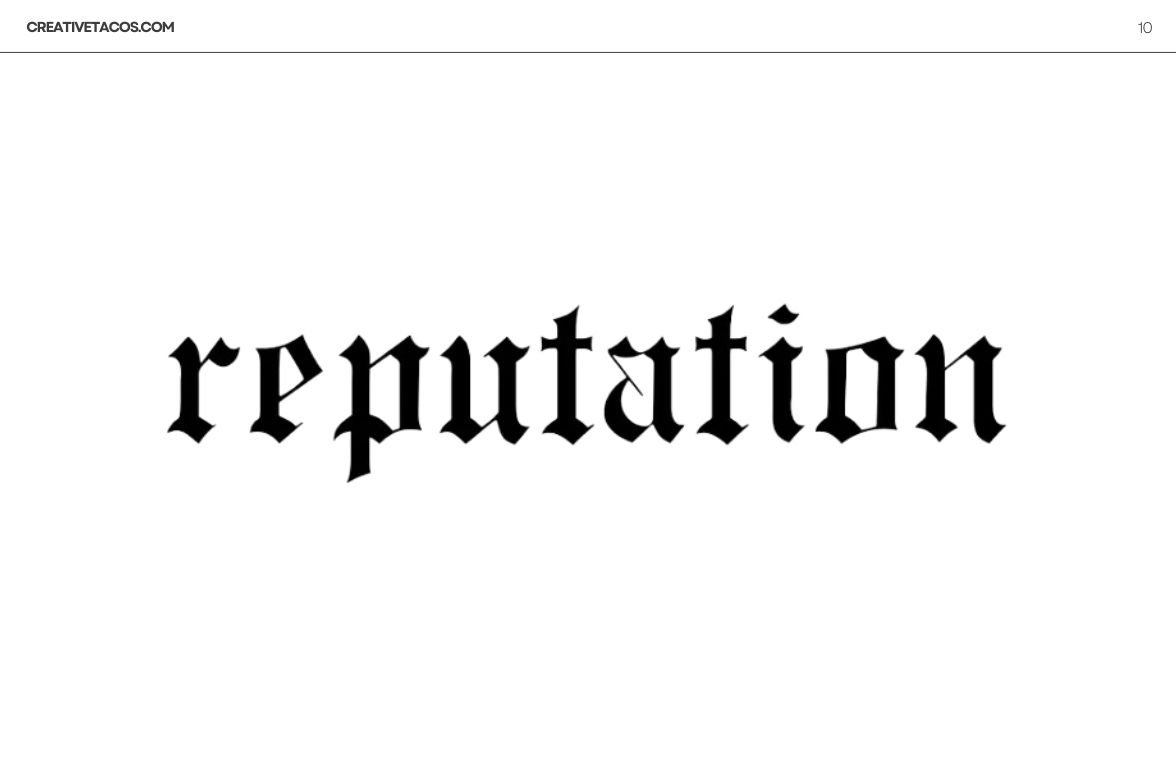 The word 'reputation' in a sharp, gothic Taylor Swift fonts on the CreativeTacos website, reflecting the album's edgy style.