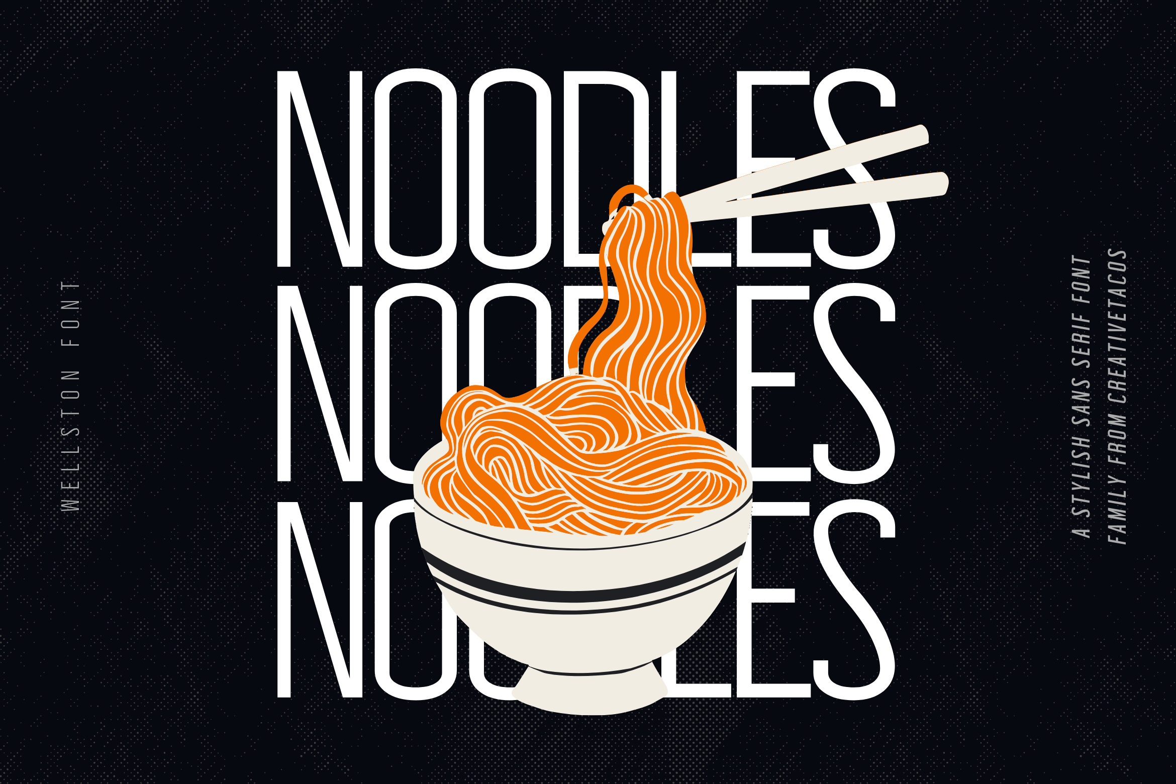 Graphic of a bowl of noodles with the word "NOODLES" in large letters, using Wellston font, in monochrome with an orange noodle highlight.
