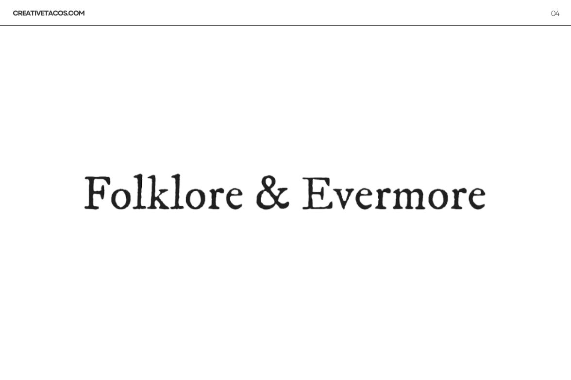 On the CreativeTacos website, 'Folklore & Evermore' written in a whimsical Taylor Swift font, capturing the albums' storytelling spirit
