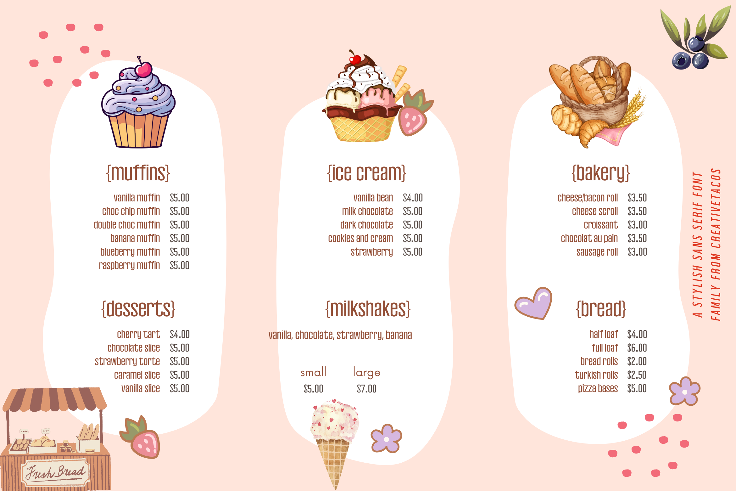 Pink menu with prices and drawings of muffins, ice cream, and bread, all labeled in Wellston font.