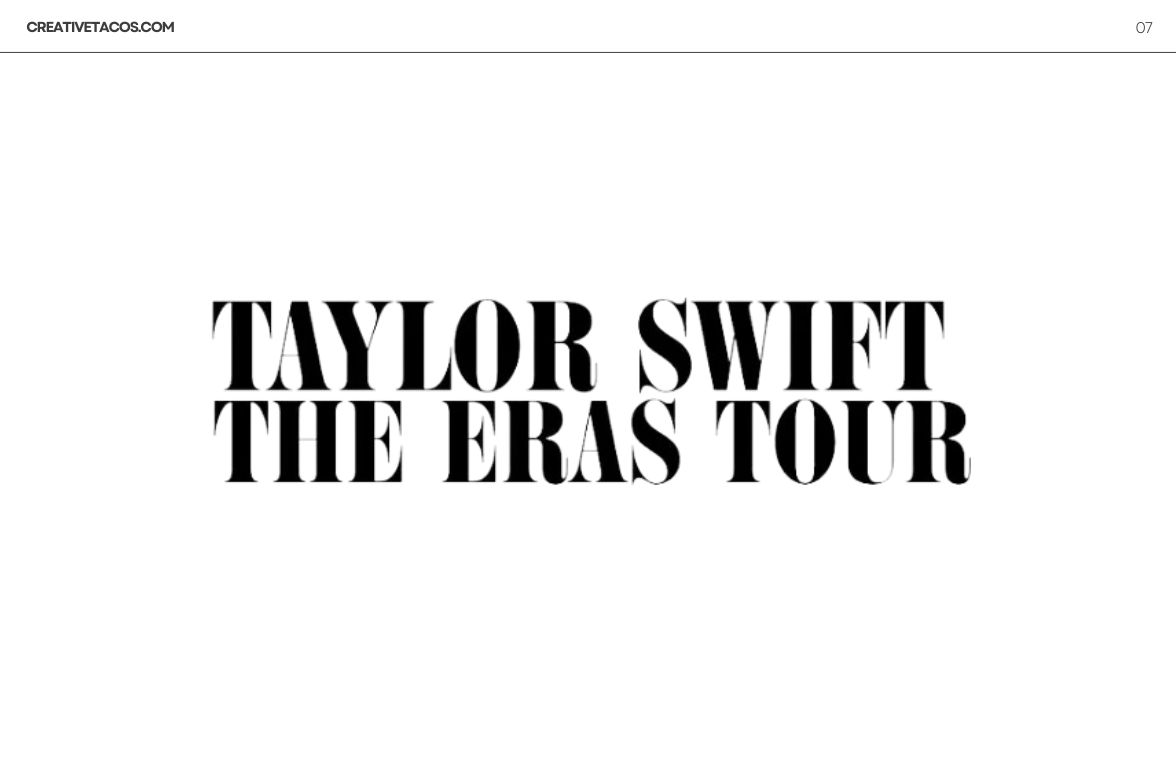 TAYLOR SWIFT THE ERAS TOUR' shown in a dynamic, impactful Taylor Swift font on the CreativeTacos website.