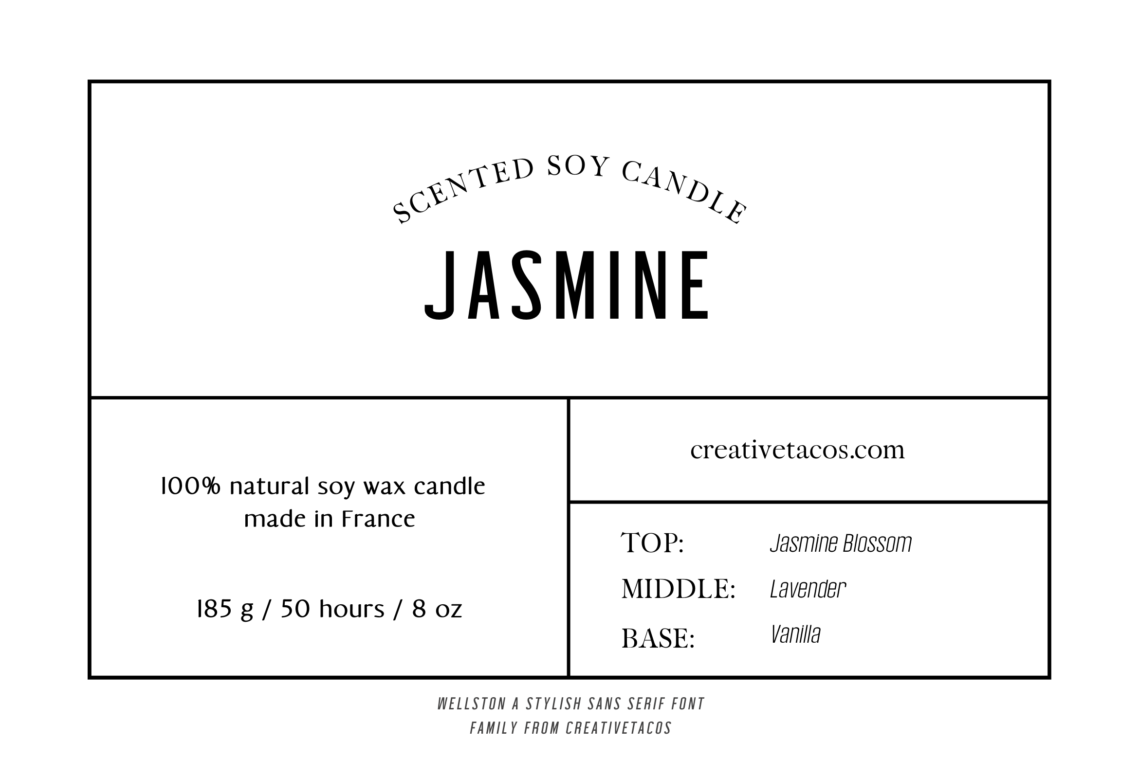 Advertisement for a jasmine scented soy candle, with details in Wellston font, black and white design, listing natural ingredients and scent notes.