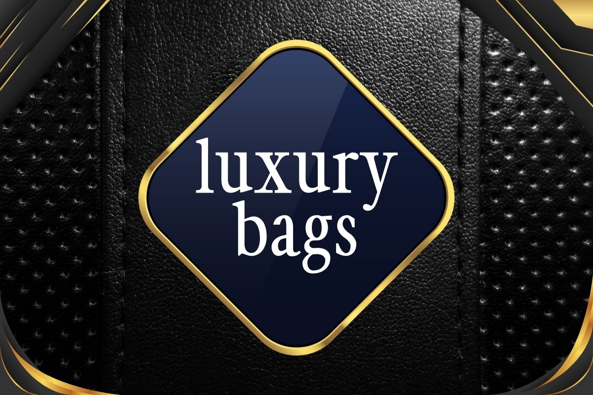 Advertisement for 'luxury bags' showing a diamond-shaped logo on a textured black surface with gold trim.