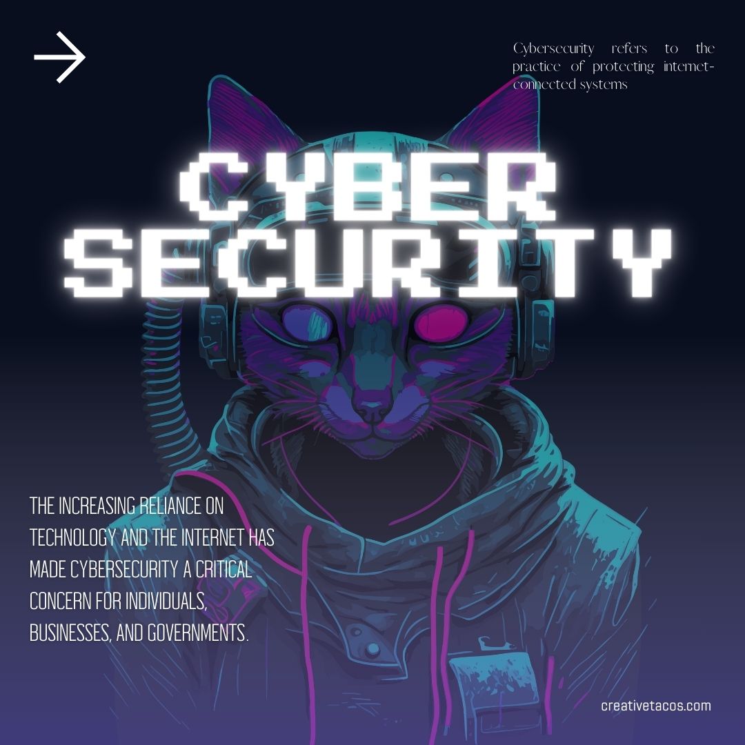An illustration of a cat in an astronaut suit with a digital font spelling "CYBER SECURITY" above it, and a caption explaining the importance of cybersecurity for individuals, businesses, and governments.