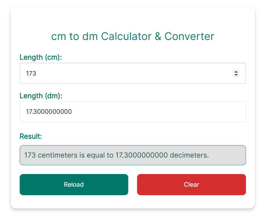 a screenshot of Centimeters to Decimeters (cm to dm) converter and calculator