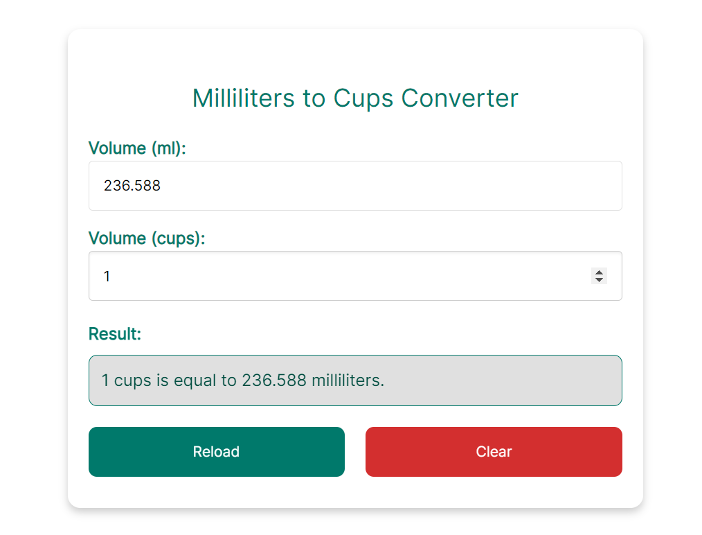 a screenshot of ml to cups Converter and calculator