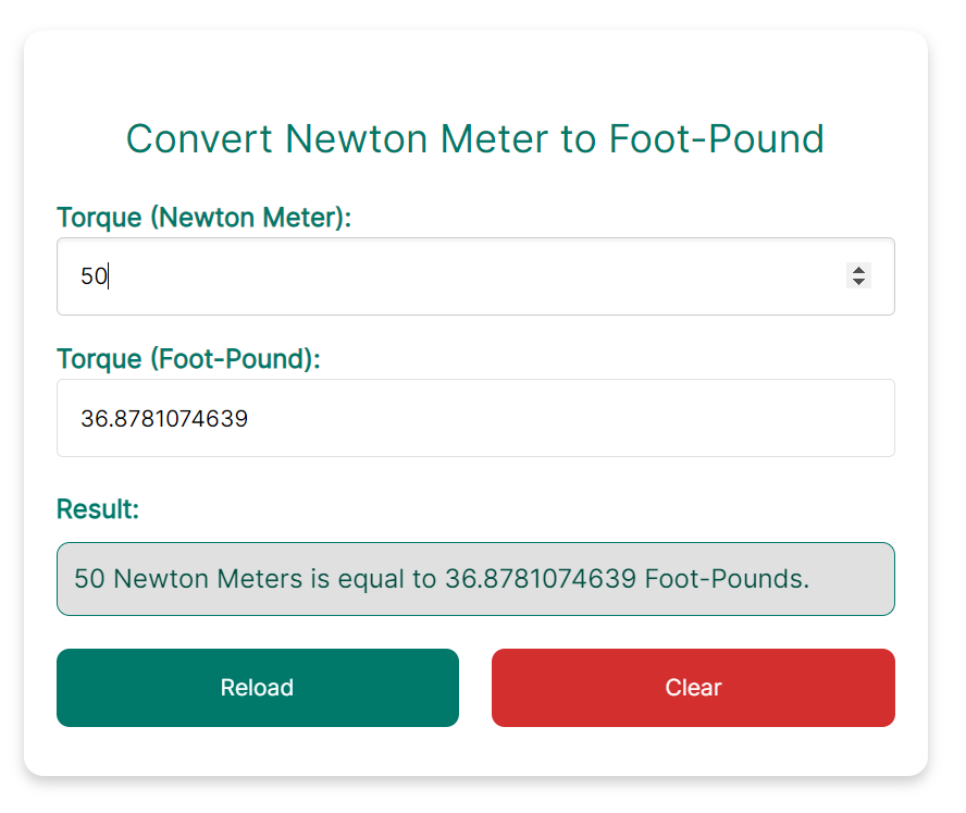 a screenshot of a Newton Meter to Foot Pound (Nm to ft lb) Converter