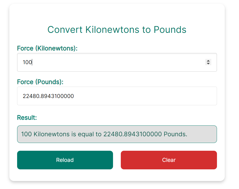 a screenshot of a Convert Kilonewtons to Pounds (Kn to lbs)
