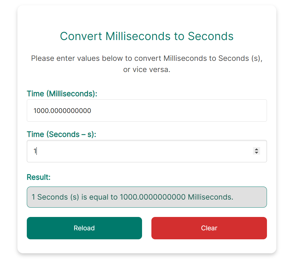 a screenshot of a Milliseconds to Seconds (ms to s) Converter