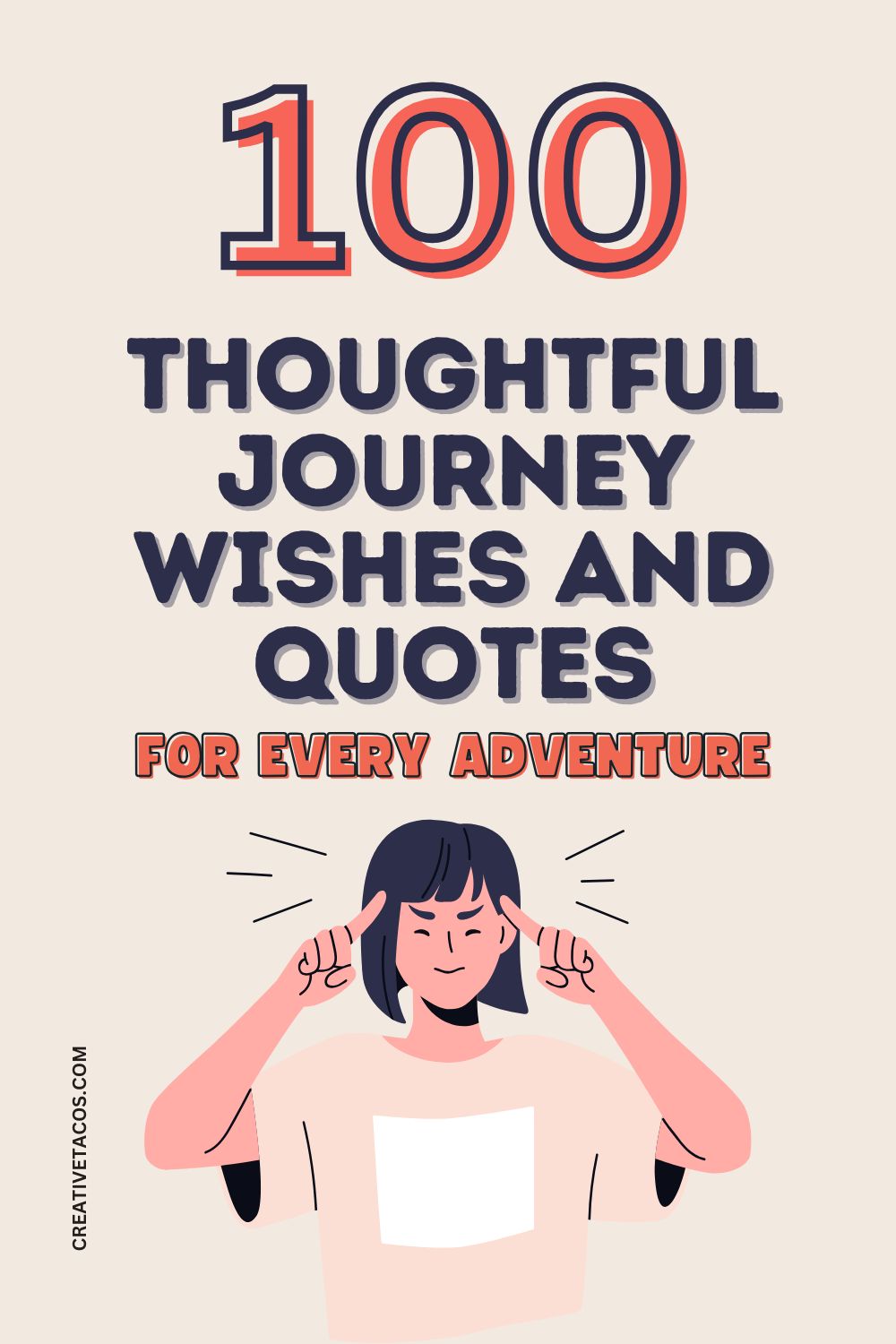 "Illustrated cover reading '100 Thoughtful Journey Wishes and Quotes for Every Adventure' with a person smiling and pointing at their head, conveying a thoughtful tone."