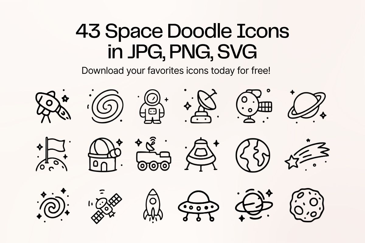 Set of 20 black-and-white space doodle icons on a white background, including rockets, astronauts, planets, and satellites. Text: "43 Space Doodle Icons."